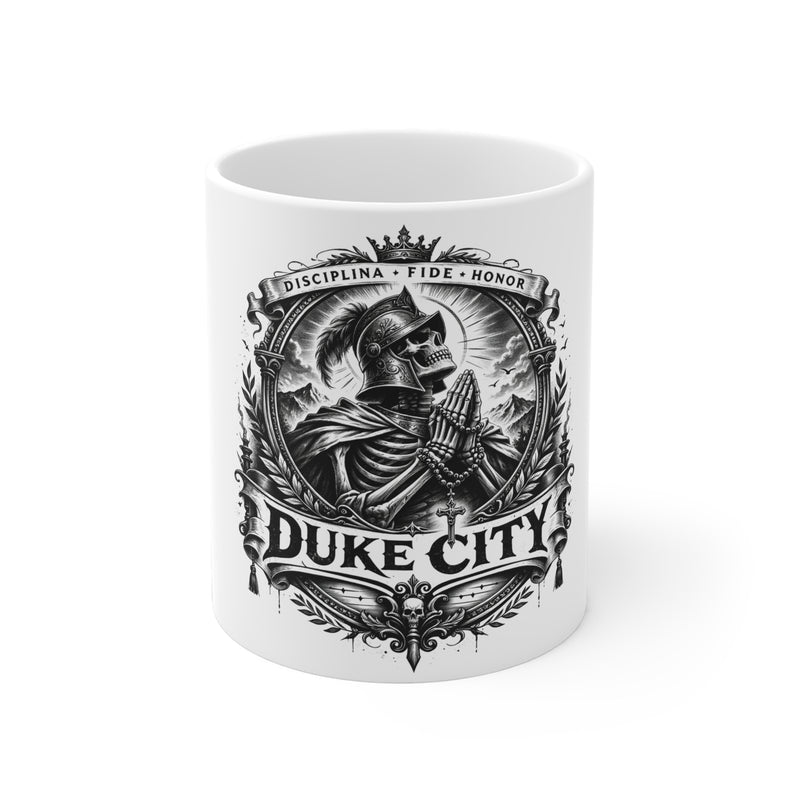 Duke City Knight Shield Mug — 'Disciplina Fide Honor' Ceramic Coffee Cup