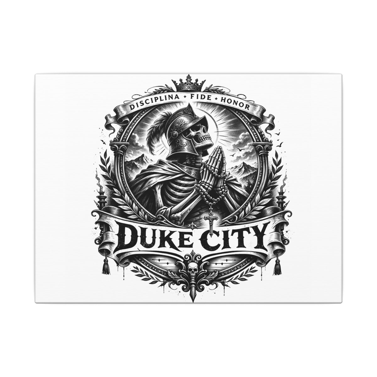 Duke City Knight Matte Canvas Wall Art — 'Disciplina • Fide • Honor' Black & White Medieval Emblem