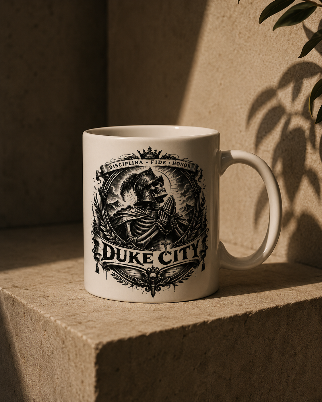 Duke City Knight Shield Mug — 'Disciplina Fide Honor' Ceramic Coffee Cup